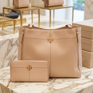 TORY BURCH Purse Ivy Side-Zip expandable tote Light Oak Pebbled Leather + Wallet